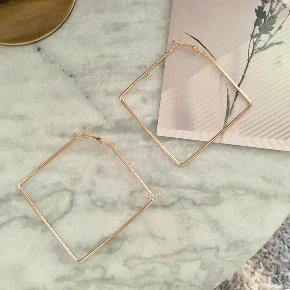 Large Square Geometric Hoop Gold Earrings - Picture 3 of 8